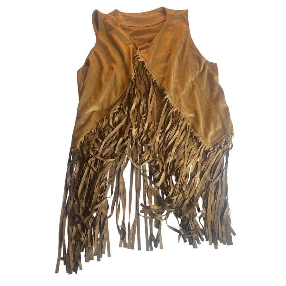 Boho Western Fringe Vest Faux Suede Polyester Camel XL Festival Cowboycore - Picture 3 of 7